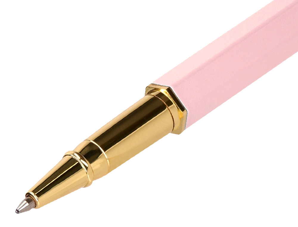 STYLO-BILLE BELIUS MACARON BLISS HEXAGONAL ALUMINIUM DETAILS ET ATTRIBUTS OR ENCRE BLEUE COLORIS ROSE COFFRET CADEAU