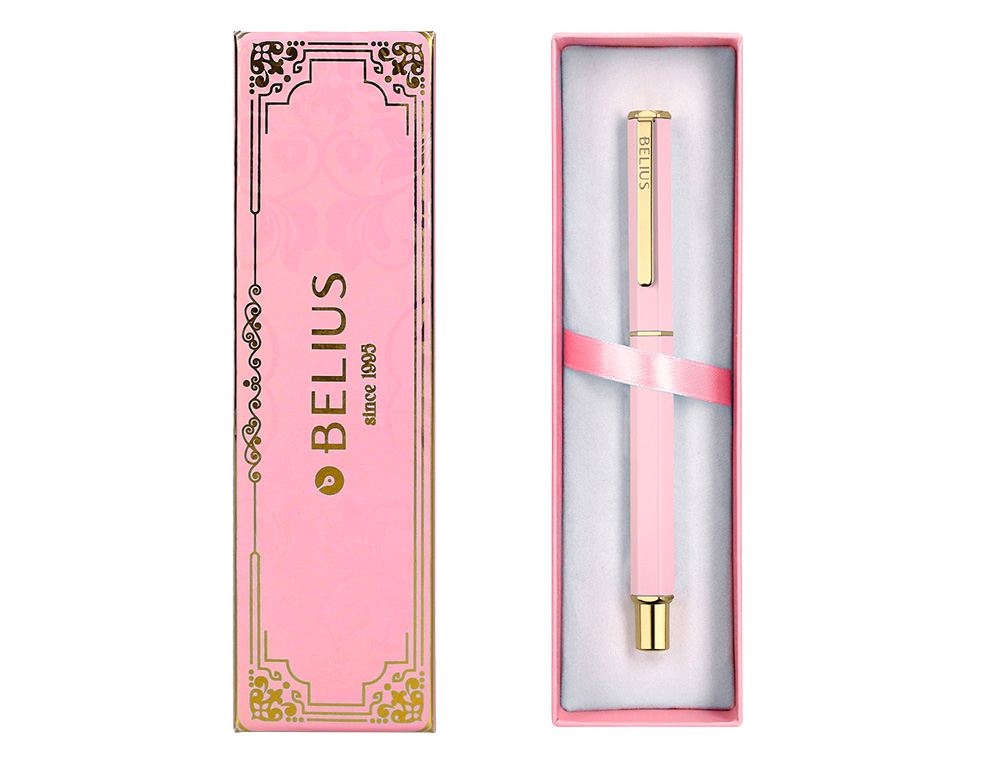 STYLO-BILLE BELIUS MACARON BLISS HEXAGONAL ALUMINIUM DETAILS ET ATTRIBUTS OR ENCRE BLEUE COLORIS ROSE COFFRET CADEAU