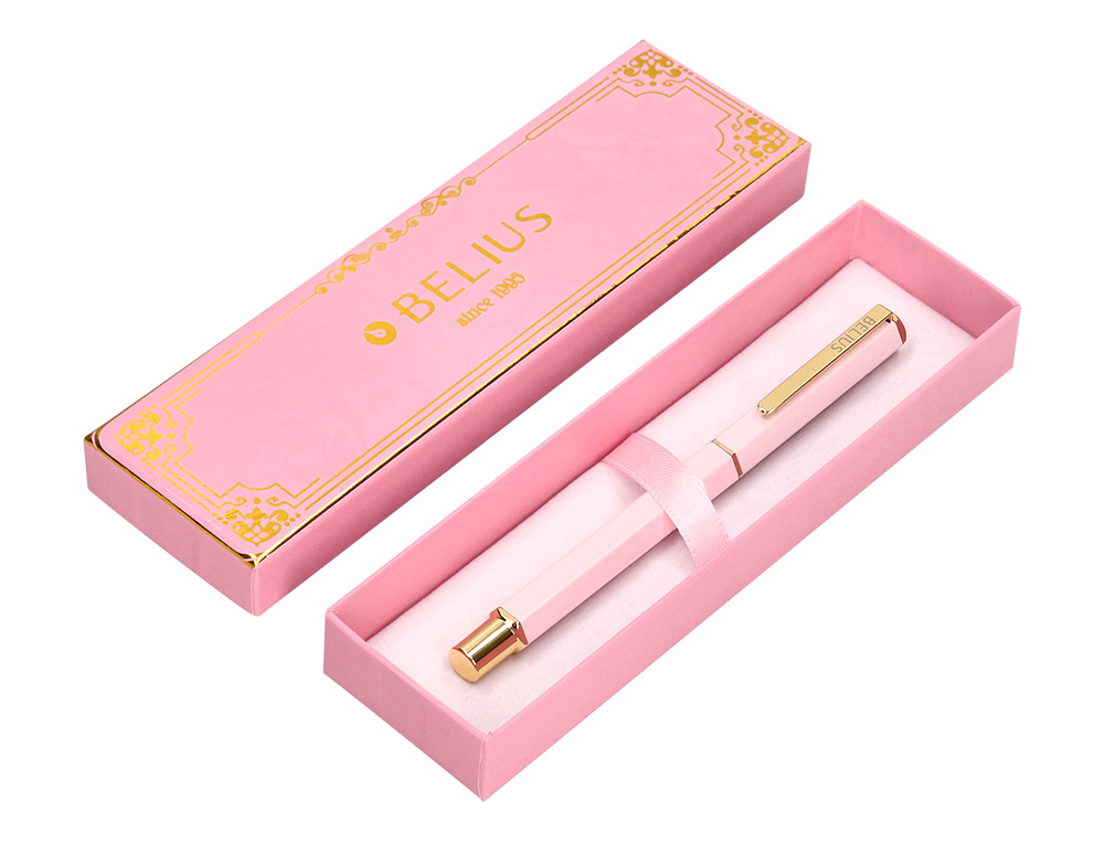 STYLO-BILLE BELIUS MACARON BLISS HEXAGONAL ALUMINIUM DETAILS ET ATTRIBUTS OR ENCRE BLEUE COLORIS ROSE COFFRET CADEAU