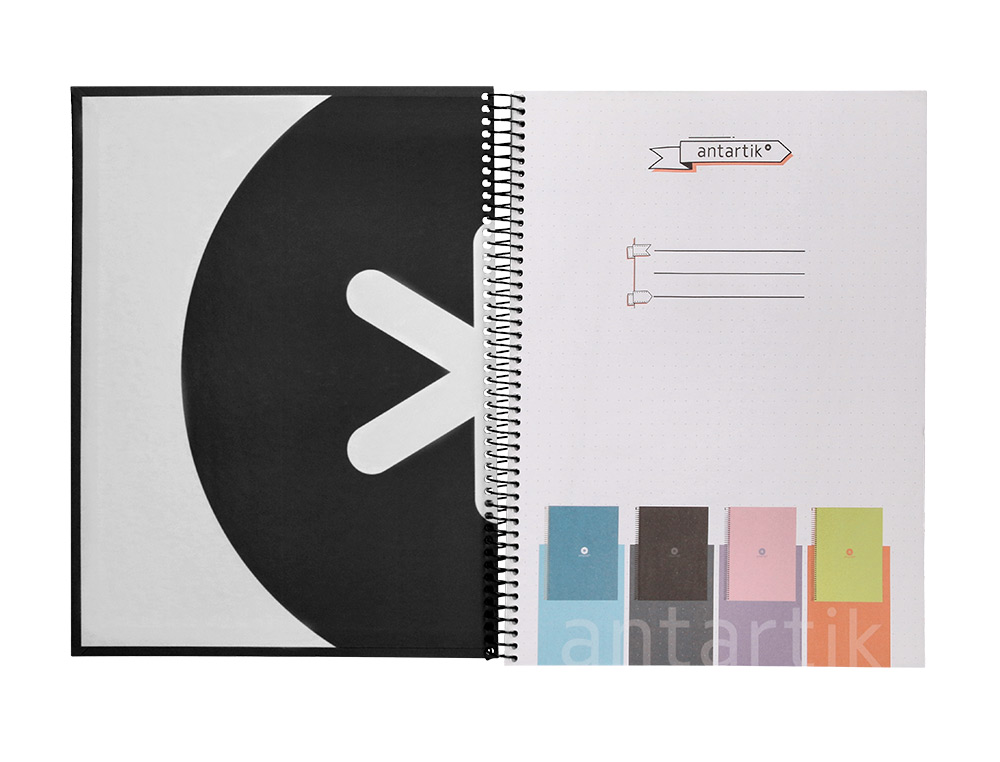 CAHIER SPIRALE ANTARTIK A4 80P 90G COUVERTURE CARTONEE   REGLURE DOT 4 TROUS COLORIS   NOIR