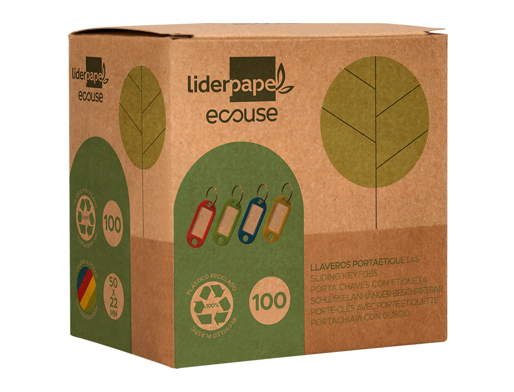 PORTE-CLES AVEC PORTE-ETIQUETTES LIDERPAPEL   ECOUSE PLASTIQUE 100% RECYCLE 50X22MM BOITE DE 100 ASSORTIS