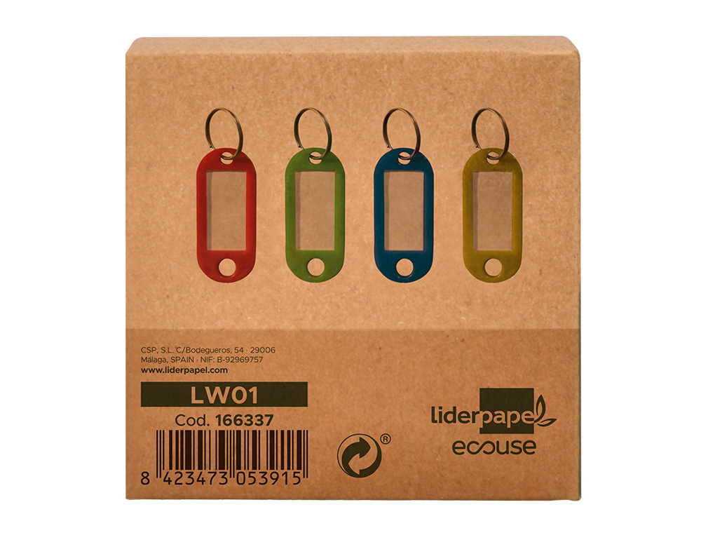 PORTE-CLES AVEC PORTE-ETIQUETTES LIDERPAPEL   ECOUSE PLASTIQUE 100% RECYCLE 50X22MM BOITE DE 100 ASSORTIS