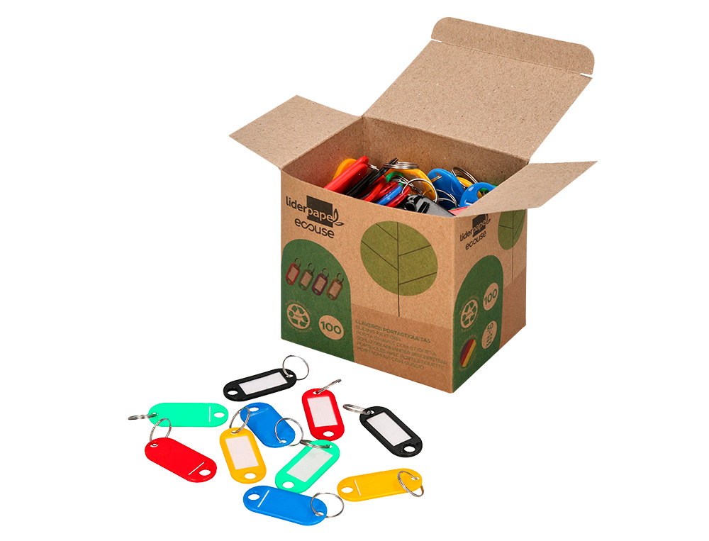 PORTE-CLES AVEC PORTE-ETIQUETTES LIDERPAPEL   ECOUSE PLASTIQUE 100% RECYCLE 50X22MM BOITE DE 100 ASSORTIS