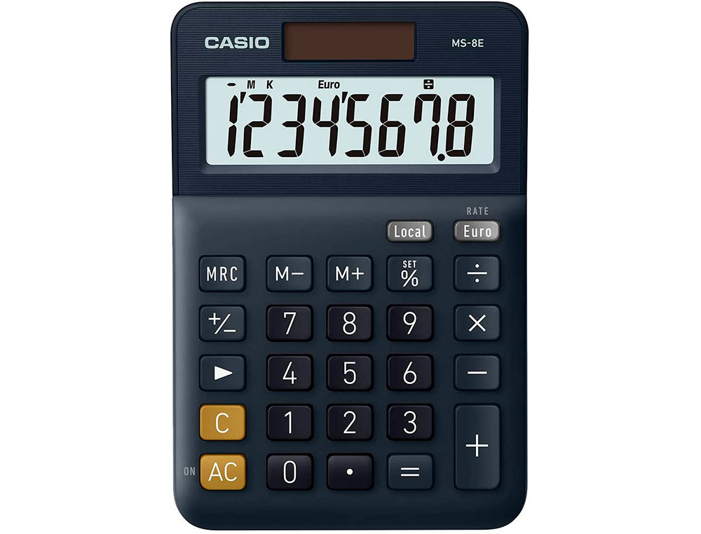 CALCULATRICE CASIO BUREAU MS8E GRAN ECRAN 8 CHIFFRES    EURO CONVERTISSEUR MEMOIRE    SOLAIRE/PILE COULEUR BLEU