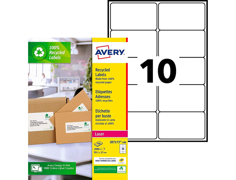 ETIQUETTE AUTOCOLLANTE AVERY ADRESSE RECYCLEE LASER BLANC  99,1 X 57MM BOITE DE 1000     ETIQUETTES BOITE DE 150