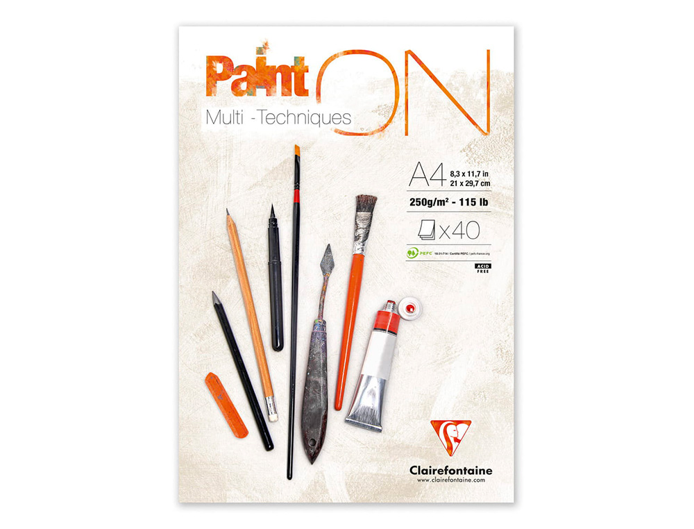 BLOC DE DESSIN ENCOLLE CLAIREFONTAINE PAINT'ON. PAPIER MULTI TECHNIQUE 250G EXTRA BLANC. FORMAT A4 21 X