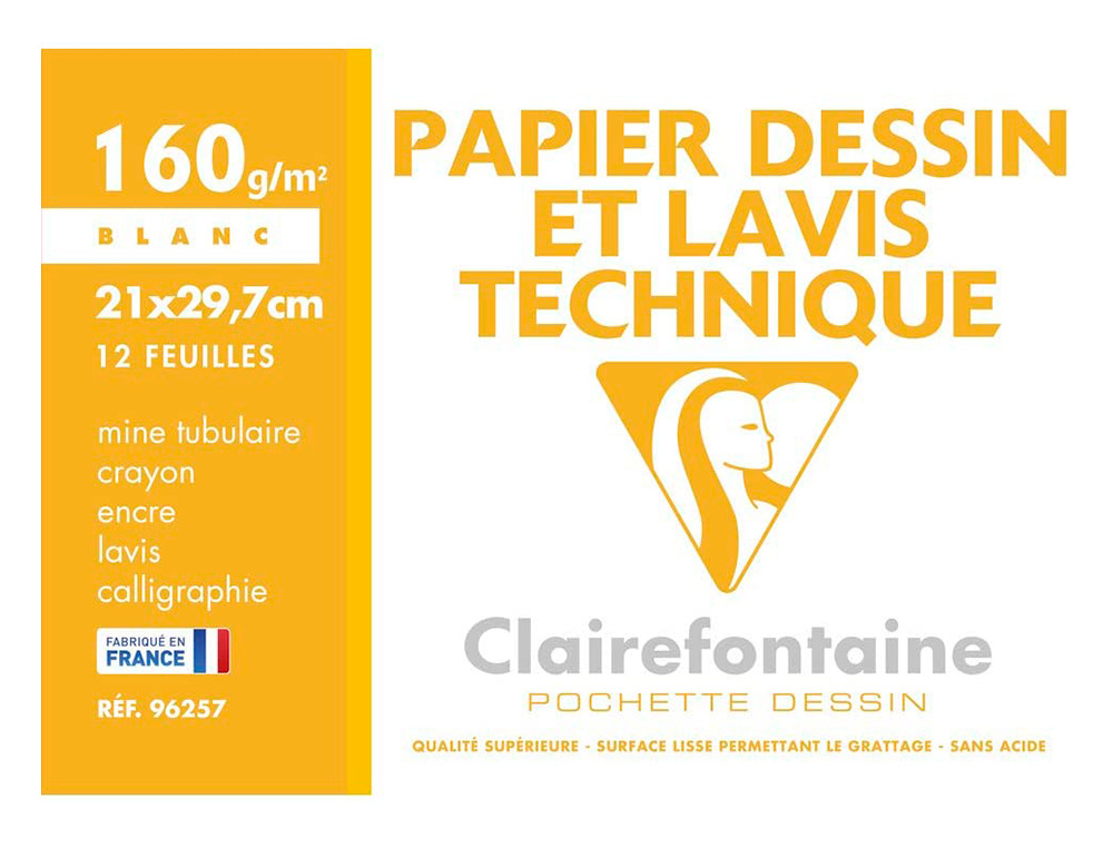 POCHETTE DESSIN ET LAVIS CLAIREFONTAINE PAPIER 160G    SURFACE LISSE FORMAT A4 21 X  29,7 CM 12 FEUILLES