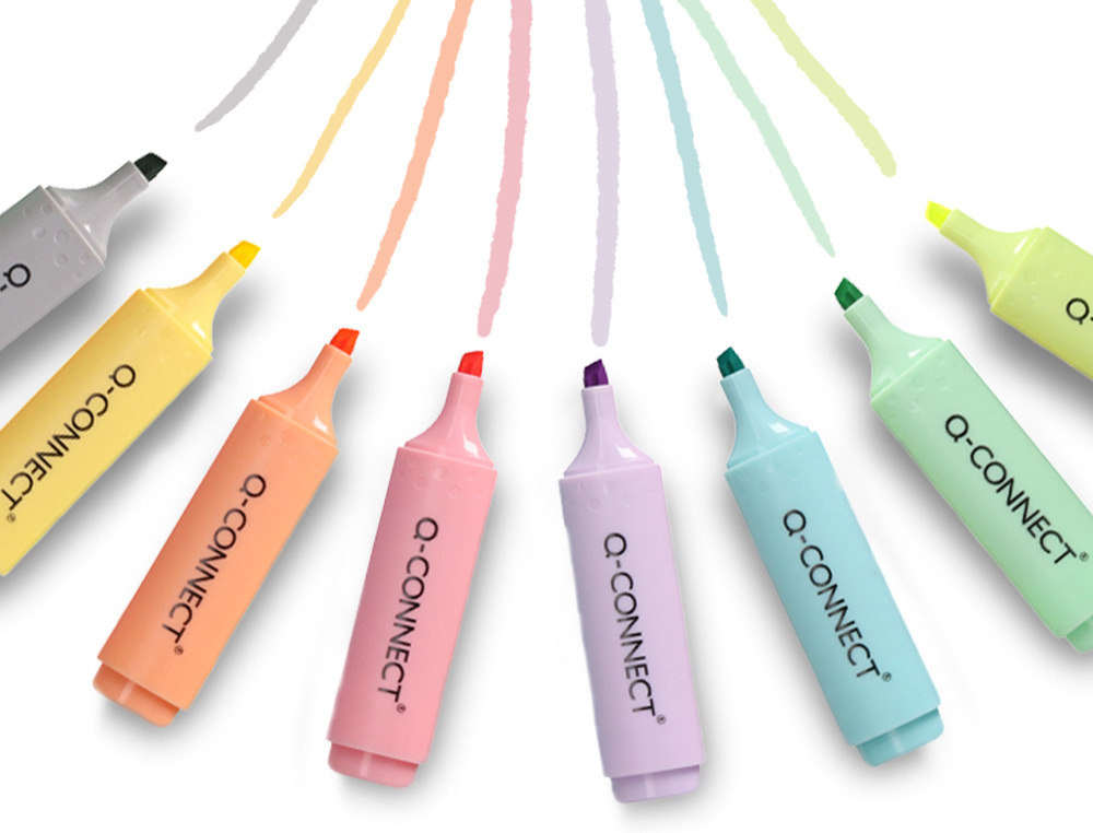 SURLIGNEUR Q-CONNECT FLUORESCENT PASTEL POINTE     BISEAUTEE ETUI DE BUREAU 8    COLORIS ASSORTIS