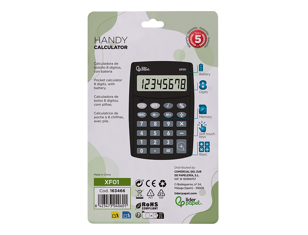 CALCULATRICE DE POCHE LIDERPAPEL XF01 8 CHIFFRES    AVEC PILE 99X64X9 MM COLORIS  NOIR