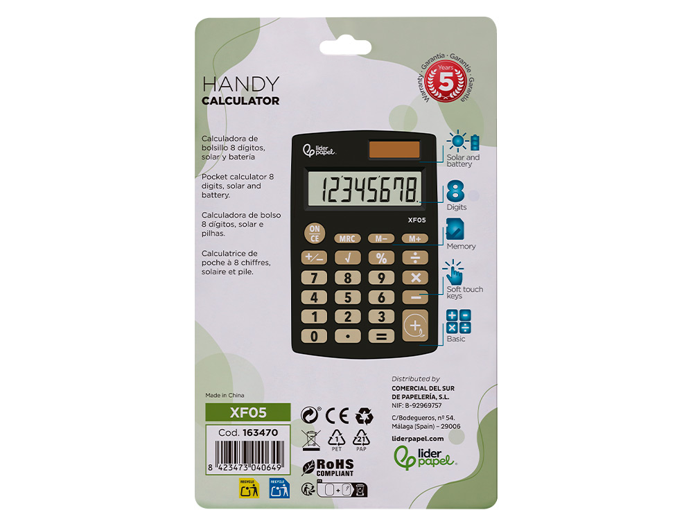 CALCULATRICE DE POCHE XF05 8 CHIFFRES SOLAIRE ET PILES     98X62X8 MM COLORIS NOIR