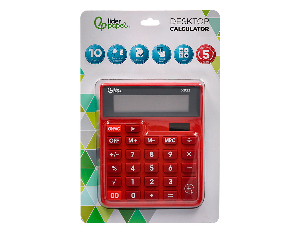 CALCULATRICE DE BUREAU LIDERPAPEL XF22 10 CHIFFRES   SOLAIRE ET PILES 127X105X24   MM COLORIS ROUGE