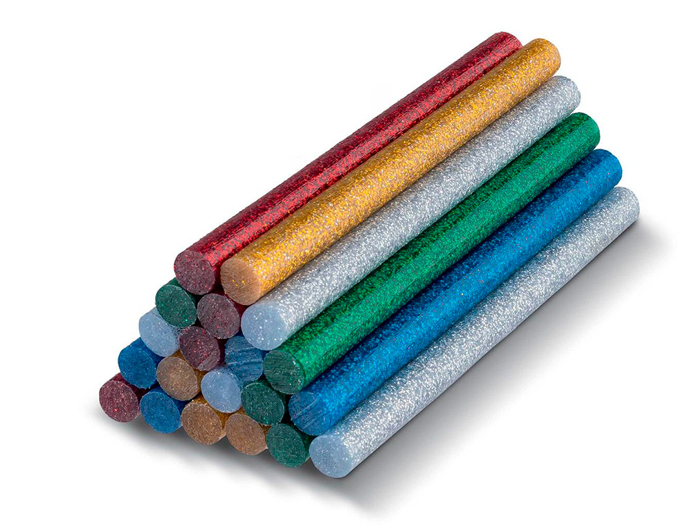 RECHARGE PISTOLET   COLLE PAILLETEE   CHAUD TOUT USAGE  5 COULEURS 7MMX10CM 100GR     SACHET DE 25 UN