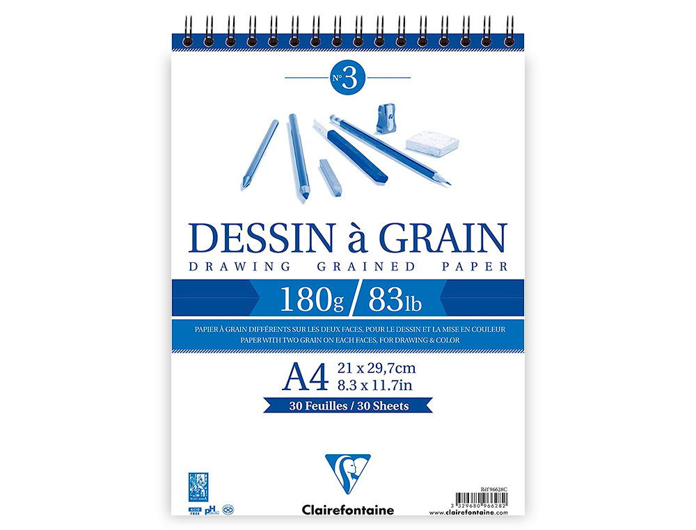 BLOC DESSIN GRAIN CLAIREFONTAINE A4 SPIRALE BLANC 21CMX29,7CM 180GR 30F