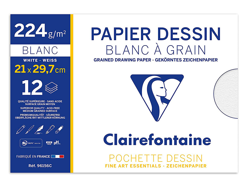 POCHETTE DESSIN   GRAIN CLAIREFONTAINE A4 224GR       21X29,7CM 12F