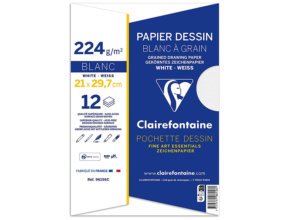 POCHETTE DESSIN   GRAIN CLAIREFONTAINE A4 224GR       21X29,7CM 12F