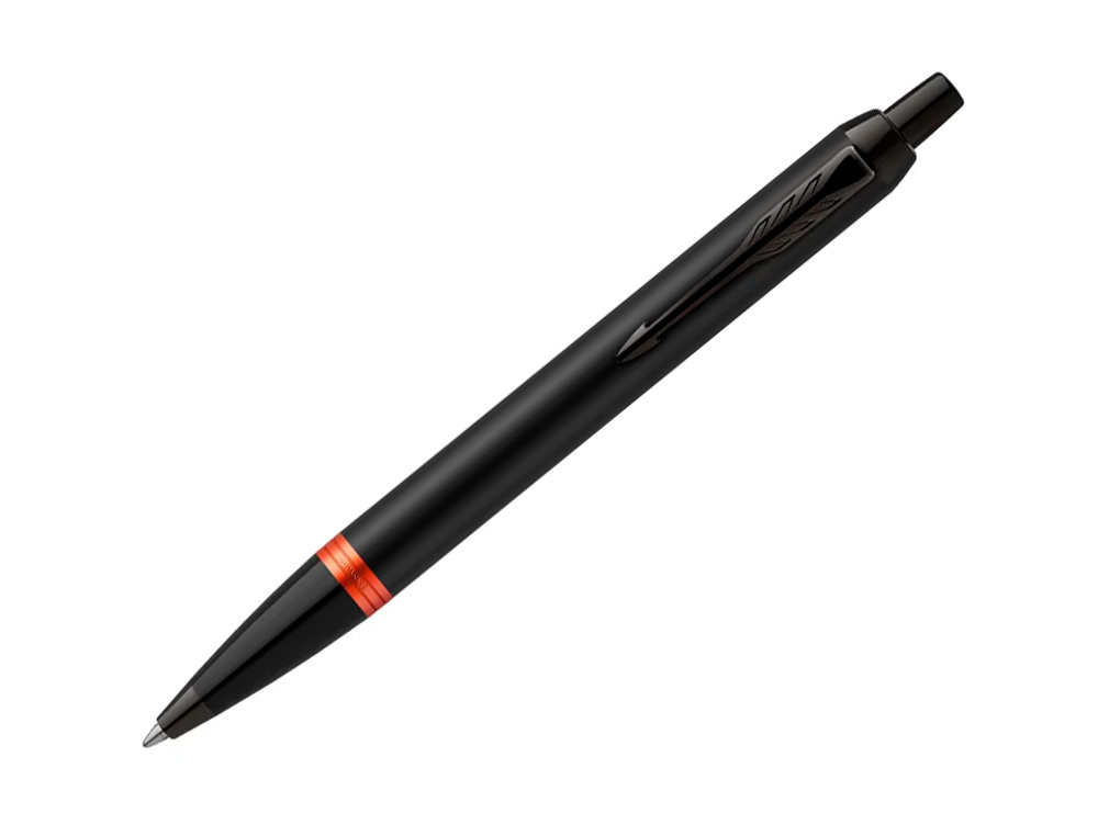 STYLO-BILLE PARKER IM VIBRANT RINGS NOIR LAQUE DETAILS      ORANGE VIF POINTE MOYENNE     ENCRE BLEU ETUI CADEAU