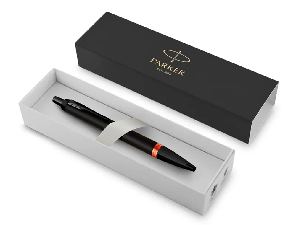 STYLO-BILLE PARKER IM VIBRANT RINGS NOIR LAQUE DETAILS      ORANGE VIF POINTE MOYENNE     ENCRE BLEU ETUI CADEAU