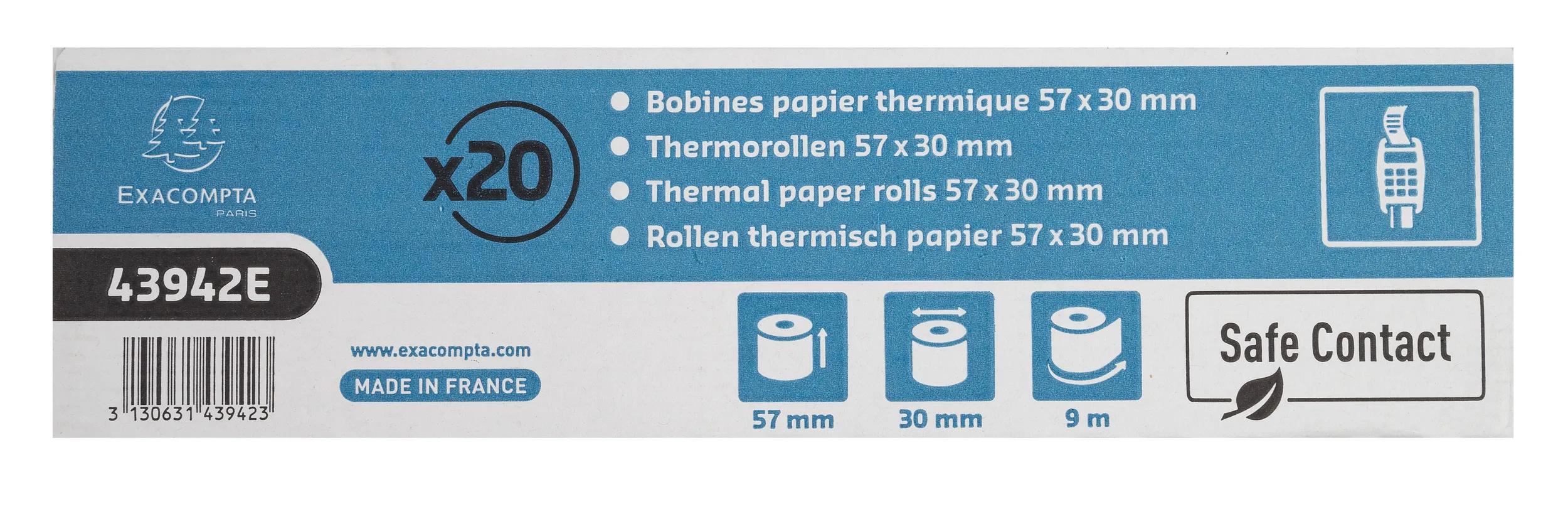 BOBINE THERMIQUE EXACOMPTA EXABLUE TPE 57X30MM 55G LONG. 9M IMPRESSION VERSO TRES LONGUE CONSERVATION BOITE 20 UNITES