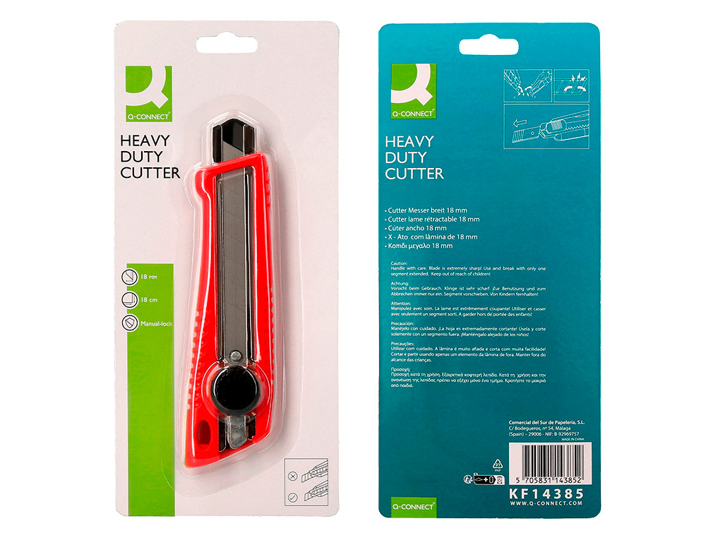 CUTTER LARGE XD-190 Q-CONNECT PLASTIQUE ABS LAME INTERCHANGEABLE ACIER CARBONE 18MM AVEC GUIDE LAME BLOCAGE PAR MOLETTE