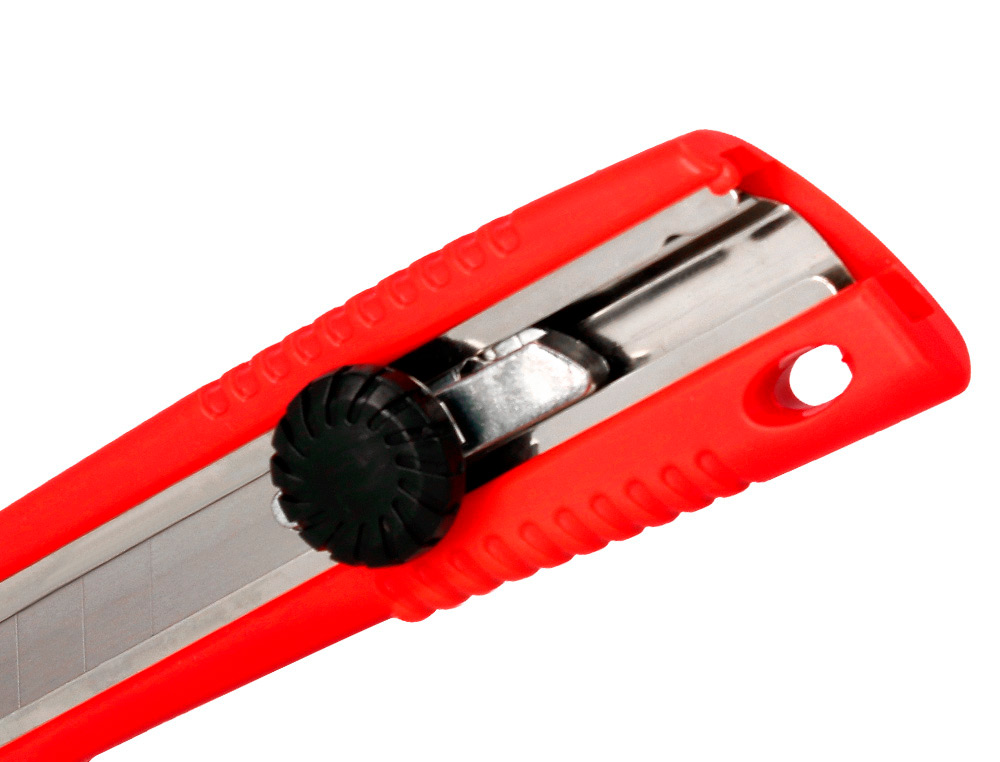 CUTTER LARGE XD-190 Q-CONNECT PLASTIQUE ABS LAME INTERCHANGEABLE ACIER CARBONE 18MM AVEC GUIDE LAME BLOCAGE PAR MOLETTE