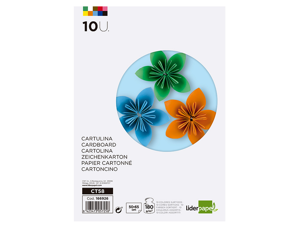 PAPIER CARTONNE LIDERPAPEL 50X65CM 180GR COLORIS         ASSORTIS PAQUET 10 FEUILLES