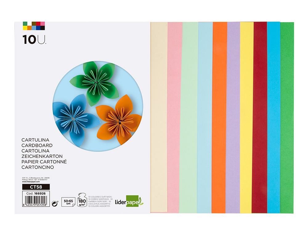 PAPIER CARTONNE LIDERPAPEL 50X65CM 180GR COLORIS         ASSORTIS PAQUET 10 FEUILLES