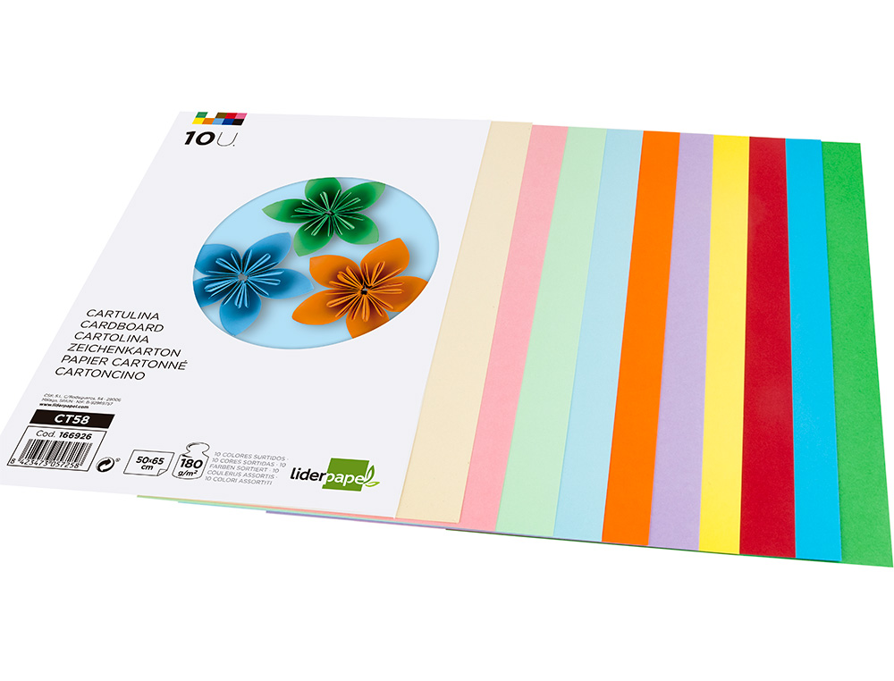 PAPIER CARTONNE LIDERPAPEL 50X65CM 180GR COLORIS         ASSORTIS PAQUET 10 FEUILLES