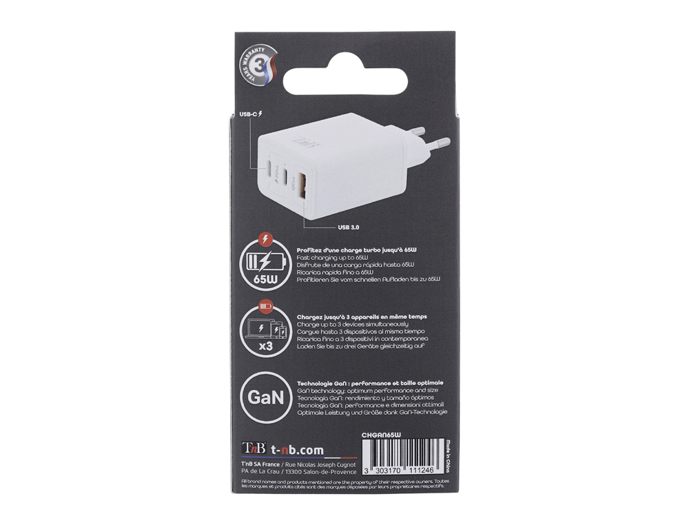 CHARGEUR T'NB GAN 2 USB-C POWER DELIVERY + 1 USB-A 65W  COLORIS BLANC