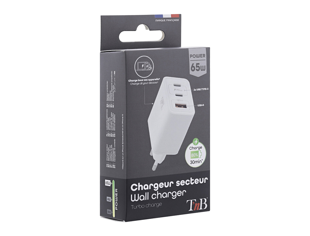 CHARGEUR T'NB GAN 2 USB-C POWER DELIVERY + 1 USB-A 65W  COLORIS BLANC