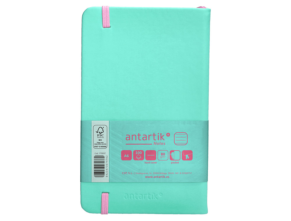 CARNET FERMETURE ELASTIQUE ROSE ANTARTIK NOTES COUVERTURERIGIDE A6 LIGNE 100 FEUILLES  80GR FSC COLORIS TURQUOISE