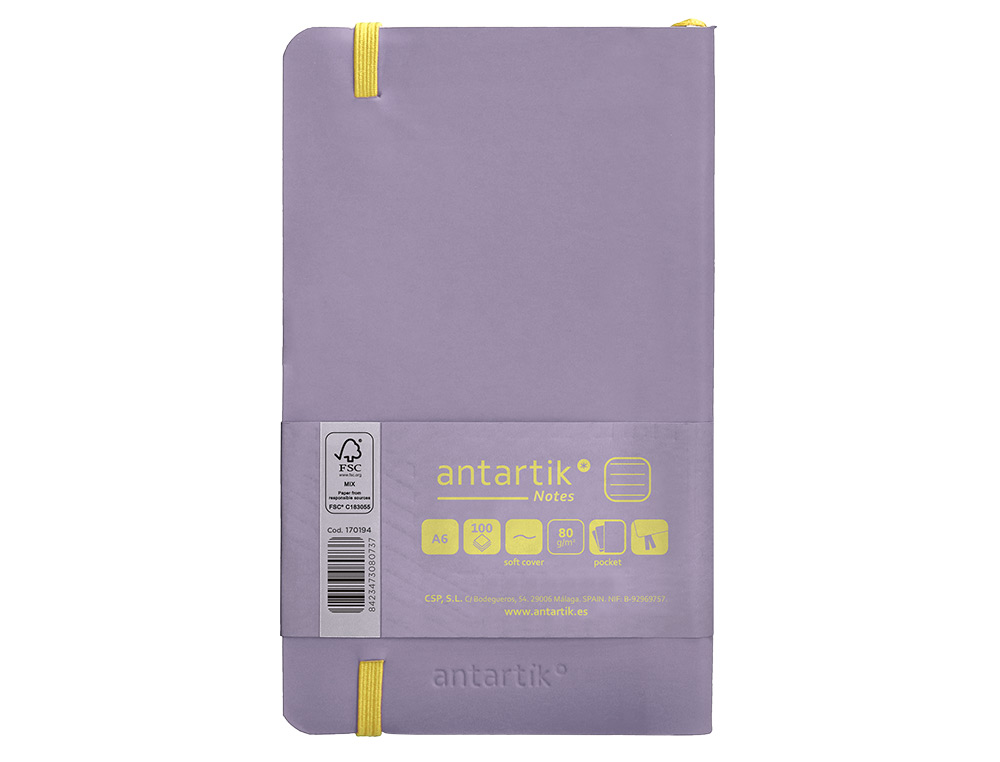CARNET FERMETURE ELASTIQUE JAUNE ANTARTIK NOTES COUVERTURE SOUPLE A6 LIGNE 100 FEUILLES 80GR FSC COLORIS LILAS