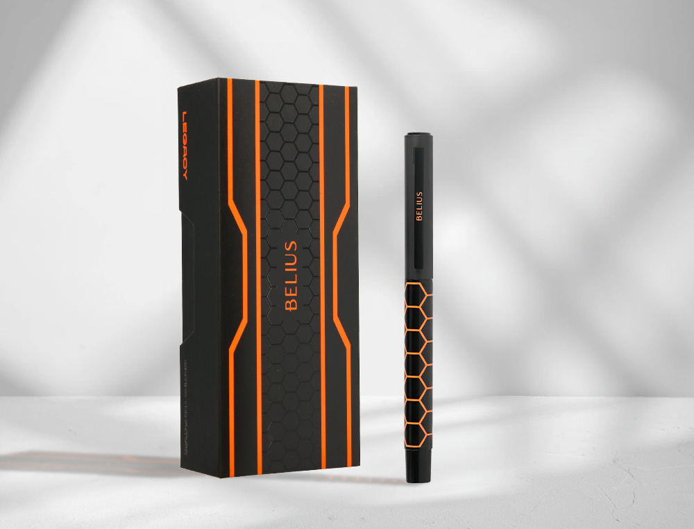 STYLO-BILLE BELIUS LEGACY ALUMINIUM ENCRE BLEUE DESIGN  HEXAGONE ORANGE CORPS NOIR    BOITE DESIGN