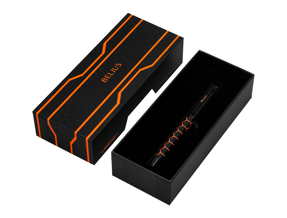 STYLO-BILLE BELIUS LEGACY ALUMINIUM ENCRE BLEUE DESIGN  HEXAGONE ORANGE CORPS NOIR    BOITE DESIGN