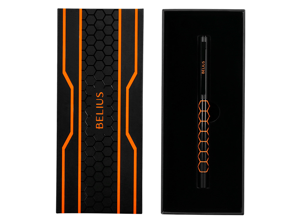STYLO-BILLE BELIUS LEGACY ALUMINIUM ENCRE BLEUE DESIGN  HEXAGONE ORANGE CORPS NOIR    BOITE DESIGN