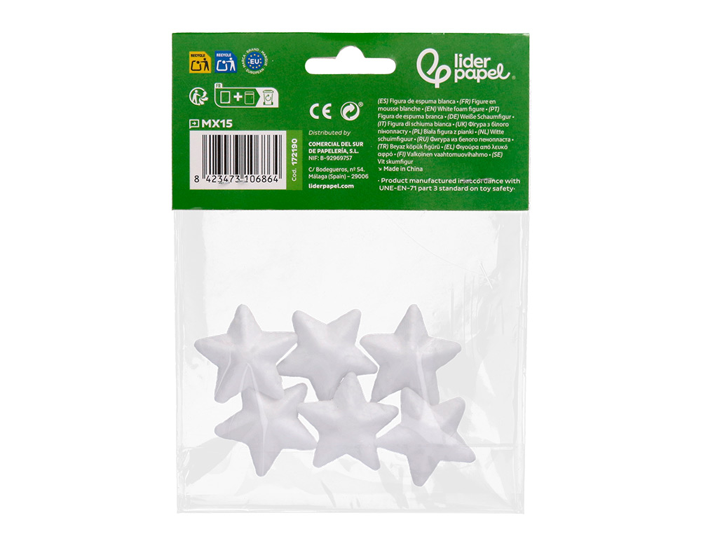 FORME LIDERPAPEL MOUSSE POLYSTYRENE ETOILES 4CM COLORIS BLANC SACHET 6 UNITES
