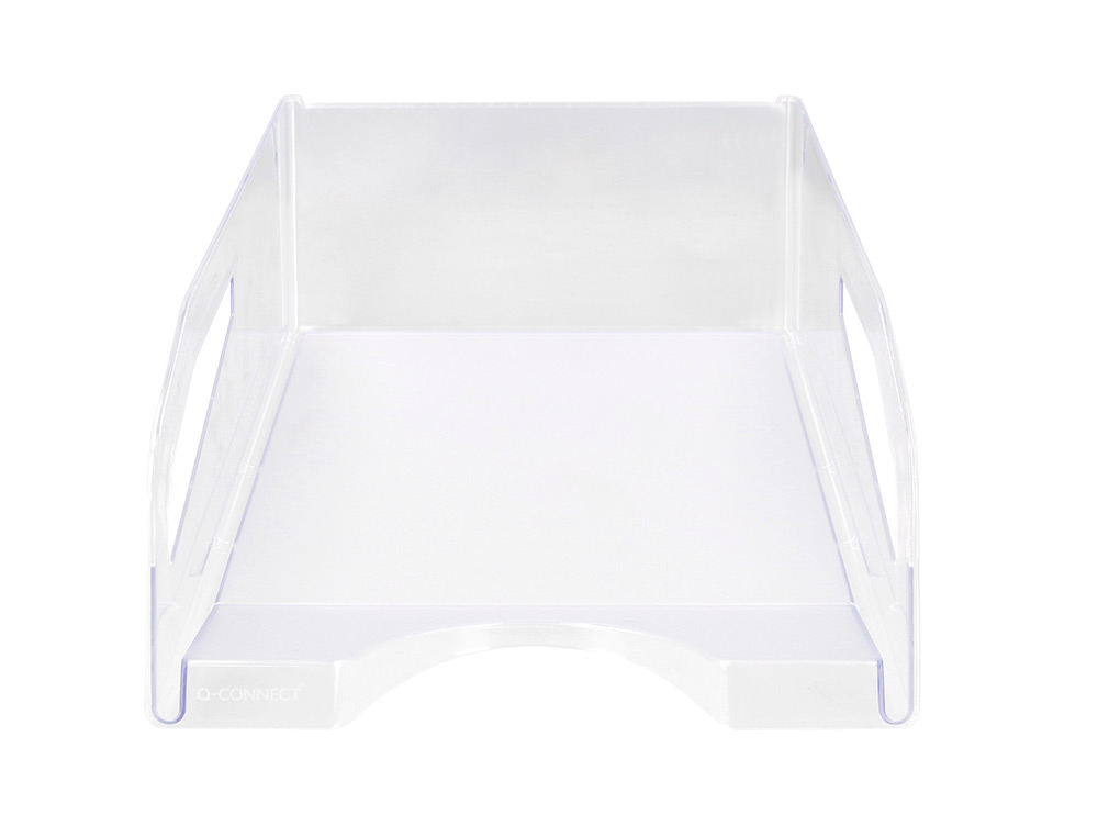 CORBEILLE A COURRIER Q-CONNECT PLASTIQUE GRANDE    CAPACITE AVEC POIGNEE         TRANSPARENTE 386X270X115MM