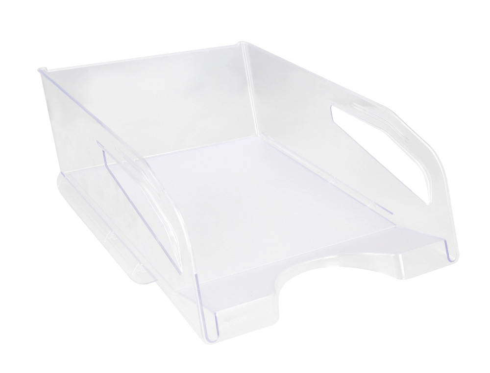 CORBEILLE A COURRIER Q-CONNECT PLASTIQUE GRANDE    CAPACITE AVEC POIGNEE         TRANSPARENTE 386X270X115MM