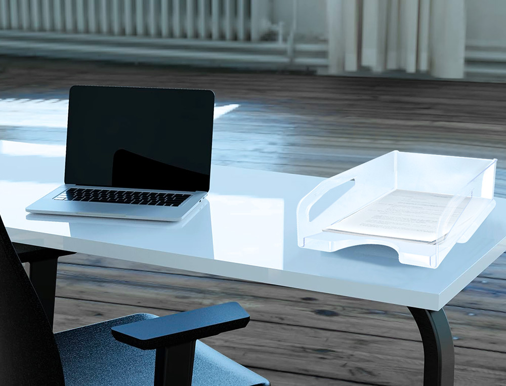 CORBEILLE A COURRIER Q-CONNECT PLASTIQUE GRANDE    CAPACITE AVEC POIGNEE         TRANSPARENTE 386X270X115MM