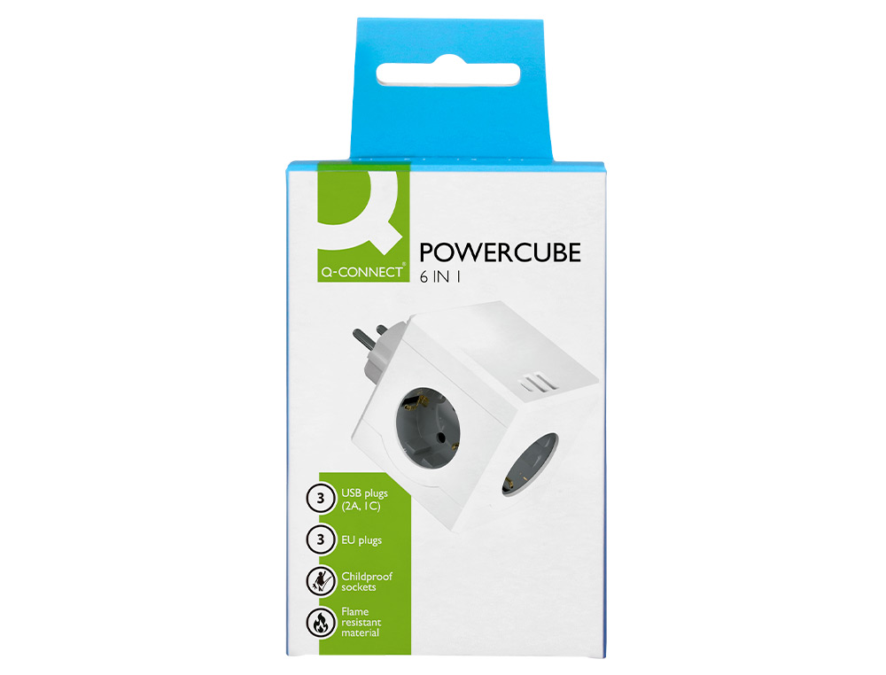 MULTIPRISE Q-CONNECT POWER CUBE  6 EN 1 CONNEXION        DIRECTE MURALE 3 PRISES       COURANT 2 PORTS USB 1 PORT