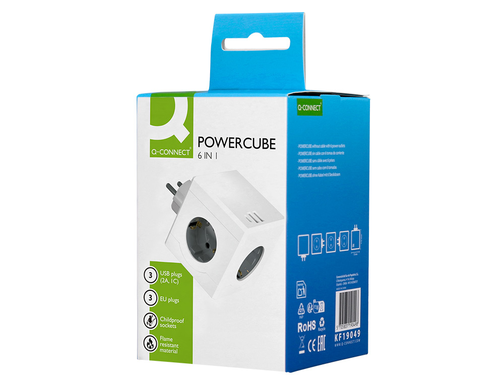 MULTIPRISE Q-CONNECT POWER CUBE  6 EN 1 CONNEXION        DIRECTE MURALE 3 PRISES       COURANT 2 PORTS USB 1 PORT