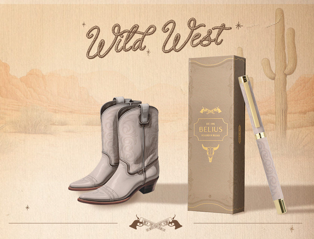 STYLO-BILLE BELIUS WILD WEST ALUMINIUM ENCRE NOIRE ATTRIBUTS DORES COLORIS BEIGE COFFRET DESIGN