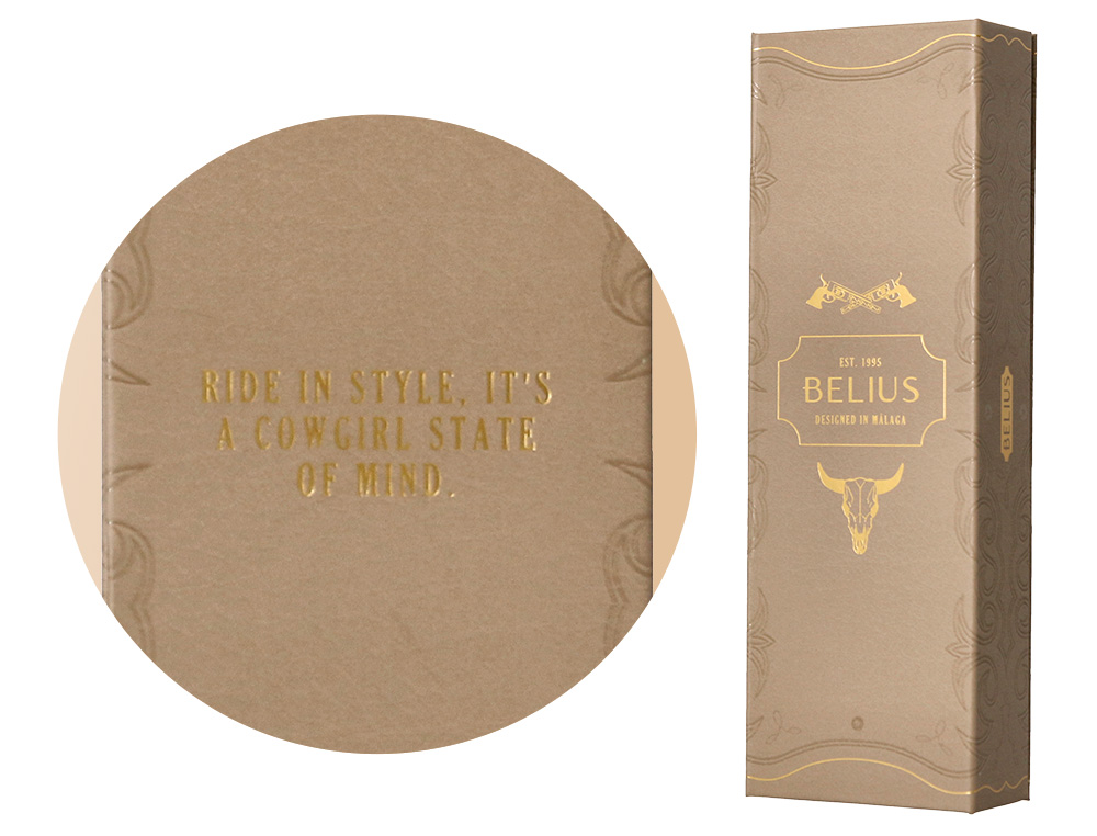 STYLO-BILLE BELIUS WILD WEST ALUMINIUM ENCRE NOIRE ATTRIBUTS DORES COLORIS BEIGE COFFRET DESIGN
