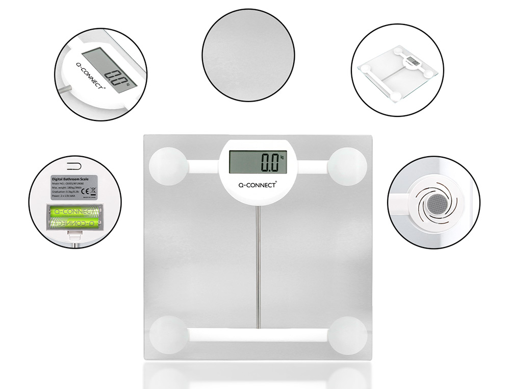 BALANCE SALLE DE BAIN Q-CONNECT NUMERIQUE ECRAN LCD 75X31MM COLORIS TRANSPARENT