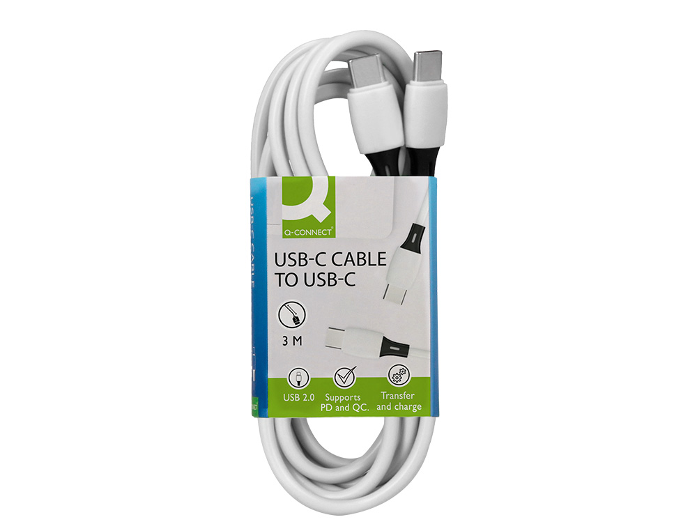 CABLE Q-CONNECT USB-C VERS USB-C PVC LONGUEUR 3M COLORIS BLANC