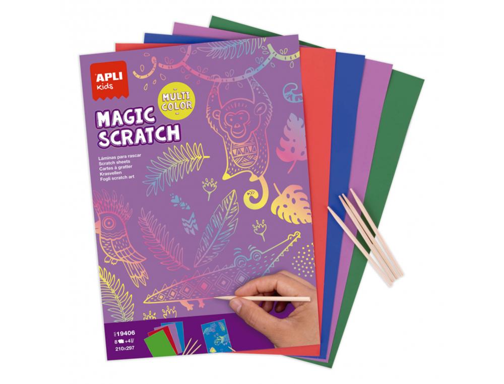 CARTES A GRATTER APLI A4 COLORIS ASSORTIS POCHETTE DE  8 FEUILLES ET 4 BATONNETS