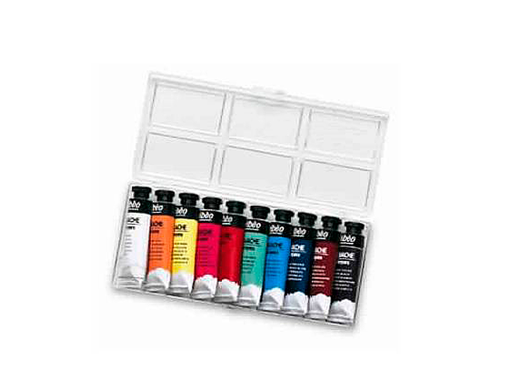 GOUACHE PÉBÉO COULEURS LUMINEUSES FORT POUVOIR COUVRANT COLORIS ASSORTIS BOÎTE 5 TUBES 10ML + 1 PALETTE