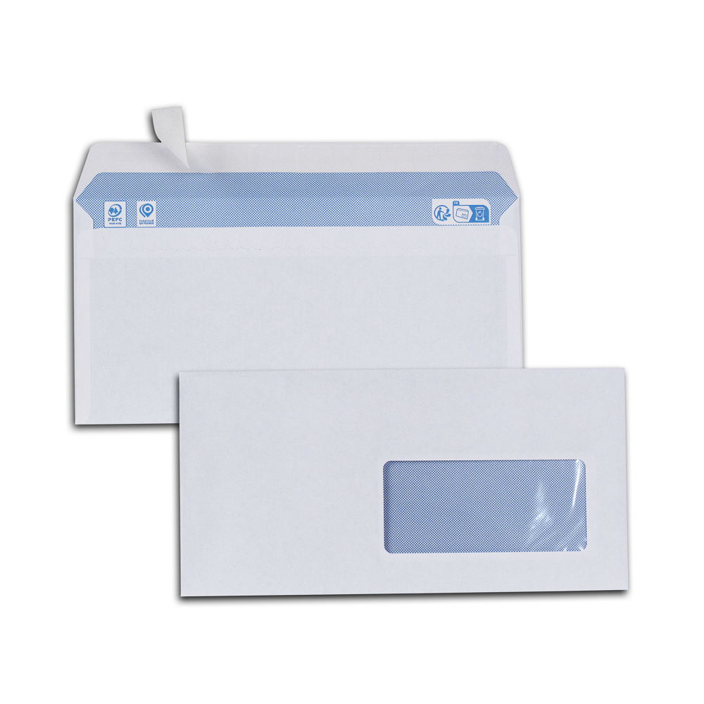 ENVELOPPE CONOMIQUE DL 110X220MM 80G ADHSIVE FENTRE 45X100MM COLORIS BLANC BOTE 500 UNITS