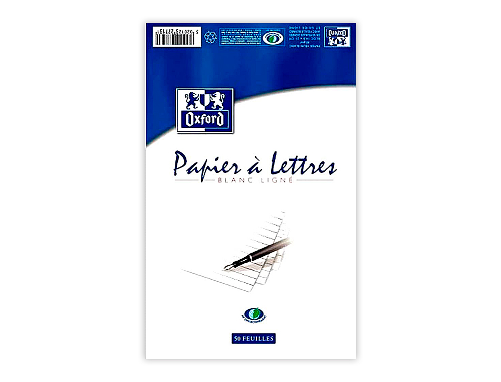 BLOC CORRESPONDANCE OXFORD PAPIER VLIN SUPRIEUR 80G/M2 A5 148X210MM TRAVERS BUVARD ET GUIDE LIGNE 50 FEUILLES