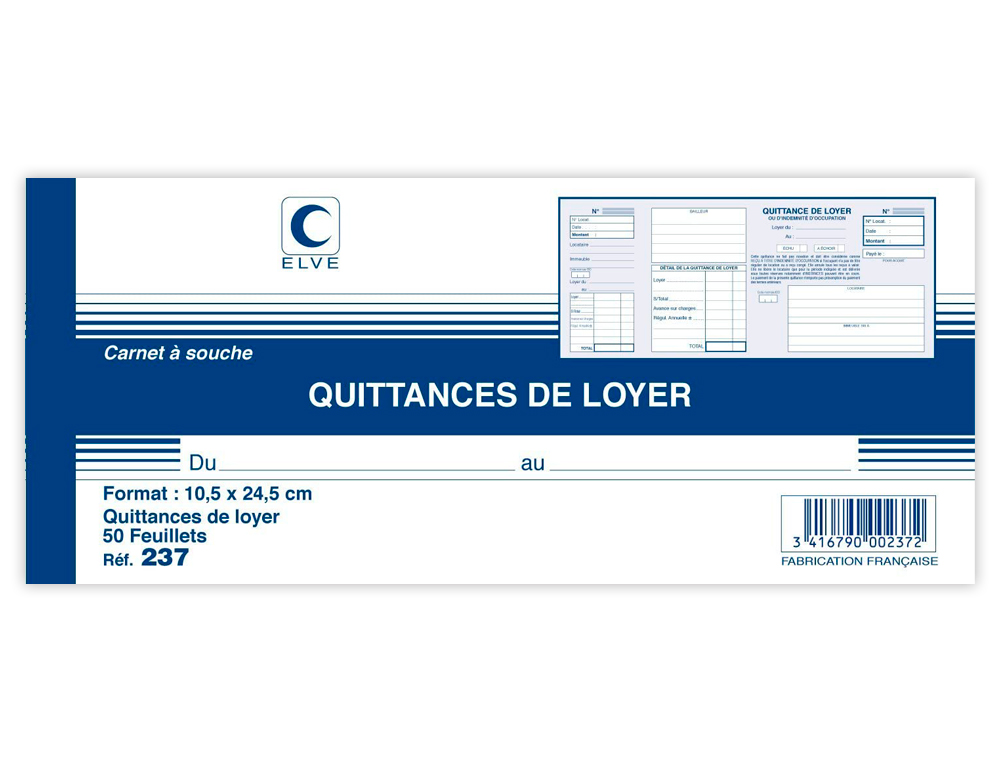 CARNET À SOUCHE ELVE QUITTANCES LOYER 10,5X27CM 50 FEUILLETS 70G PAPIER CHÈQUE AMAGNÉTIQUE