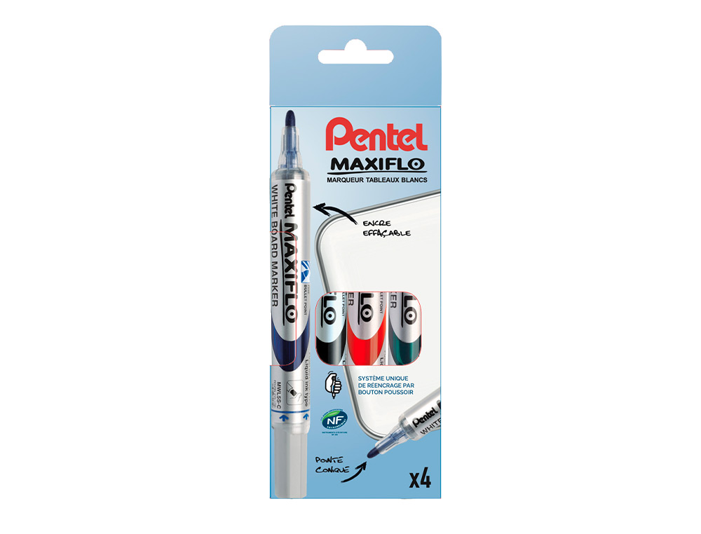 MARQUEUR PENTEL MAXIFLO EFFAABLE TABLEAU BLANC POINTE CONIQUE TRAC 1,6MM CRITURE 1000M CORPS PLASTIQUE RECYCL 4U